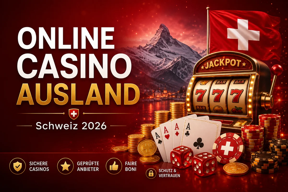 Online Casino Ausland Schweiz 2026 – Slot-Machine, Casino-Chips und Schweizer Flagge
